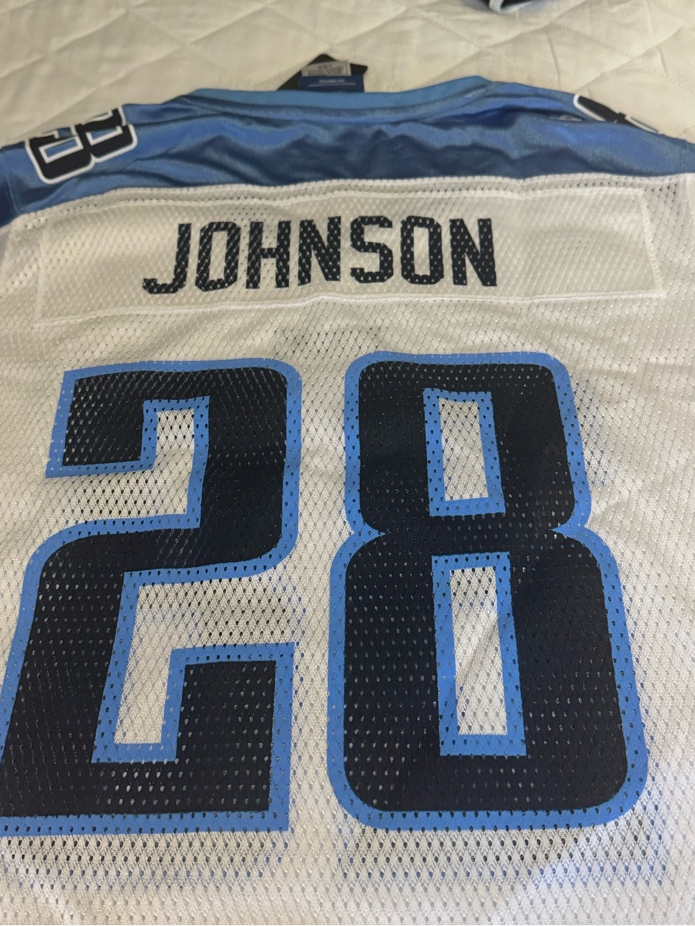 Reebok Women's White and Light Blue Mesh Jersey - JOHNSON #28